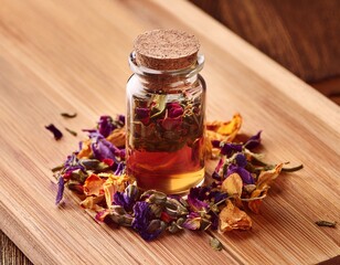 dried flower tea in glass bottle on wooden surface