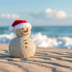 A festive Sandy snowman in a Santa hat celebrating a tropical Christmas holiday on a sunny beach with ocean waves