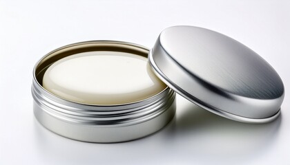 creamy white solid shampoo bar in silver tin on white background