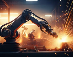 robotics automation technology industry engineering machinery innovation futuristic artificial intelligence mechanical robotic arm silhouette glowing sparks factory precision control a