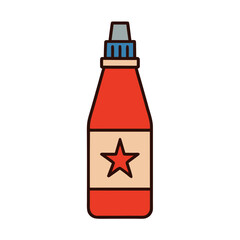 Red sriracha hot sauce bottle with star label on black background