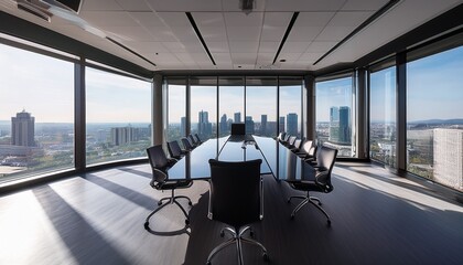 modern empty conference room with a sleek black table and chairs offering a stunning city skyline view through large windows perfect for business and corporate themes