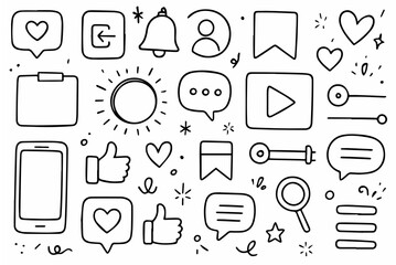 Hand-drawn doodle vector set of UX and social media highlights created in a fun sketchy style, isolated on white background
