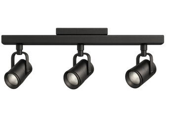 Black modern track lighting system mounting three ceiling spotlights for interior design or commercial illumination