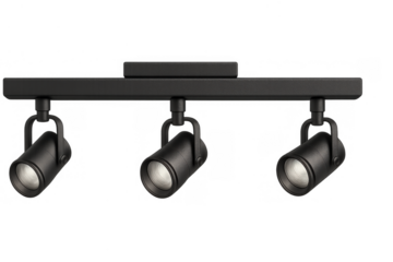 Black modern track lighting system mounting three ceiling spotlights for interior design or commercial illumination