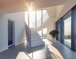 sunlit modern architecture interior with white staircase