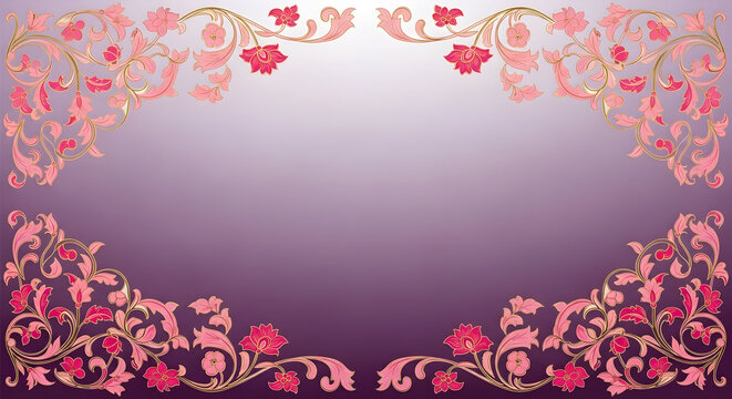 An elegant floral border with pink, red, and gold scrollwork on a purple gradient background.