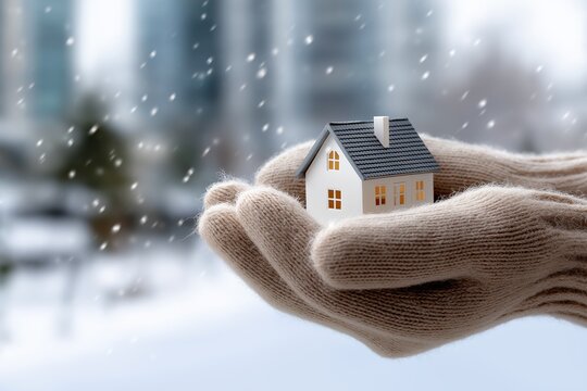 Hands in knitted gloves gently holding a small model home against a snowy backdrop, evoking warmth and comfort during winter season with a sense of care and protection