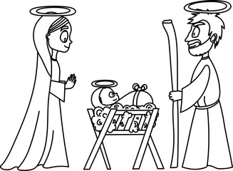 Nativity scene with baby Jesus, Mary, Joseph. Coloring page for Christmas vector illustration.