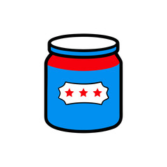 Blue jar with red and white label featuring three red stars