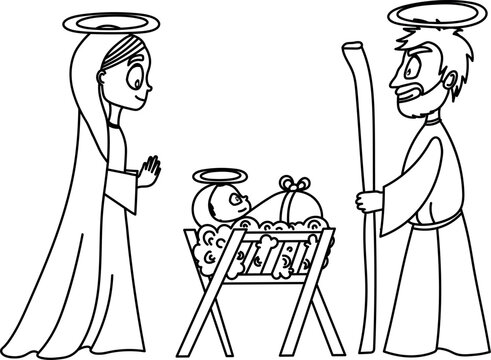 Nativity scene with baby Jesus, Mary, Joseph. Coloring page for Christmas vector illustration.