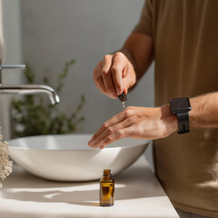 Man pouring essential oil drops on wrist
