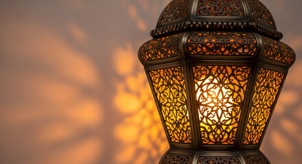 An ornate, glowing metal lantern casts intricate, warm, golden patterns of light and shadow on a wall.