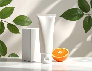 A skincare tube and its box alongside a halved orange, with leaves and shadows creating a natural aesthetic