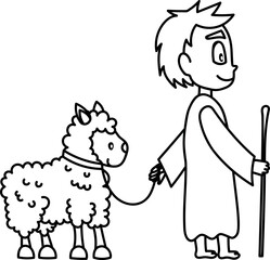 A cartoon shepherd and sheep or lamb. Poor boy with sheep coloring page. Vector illustration for kids.