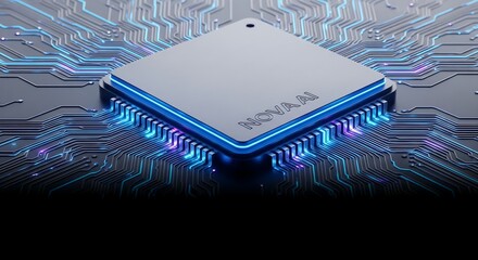 Futuristic AI microchip with glowing blue circuitry, high tech electronic board surface, digital processor concept for innovation, computing, engineering and modern technology visuals.