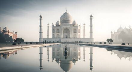 Obraz premium The majestic Taj Mahal reflected in a serene pool on a misty morning.
