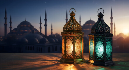 Two ornate Islamic lanterns glowing warmly at twilight with a majestic mosque silhouette in the background.