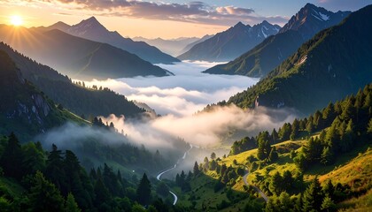 Sunrise illuminates misty mountain valley with winding road below.