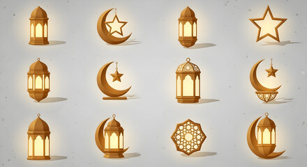 A collection of glowing golden Islamic icons for Ramadan, featuring lanterns, crescent moons, and stars.