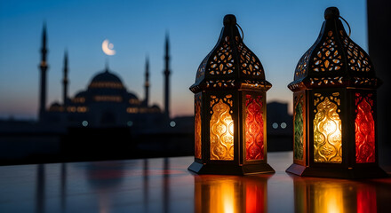 Two glowing Ramadan lanterns with a mosque silhouette and crescent moon in the background at dusk.