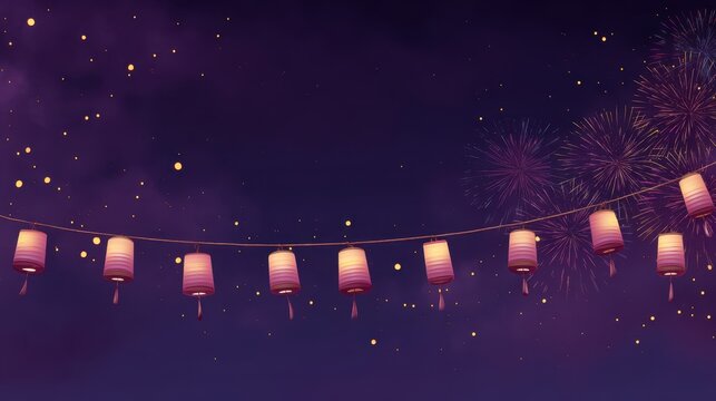 Deep Purple Night Sky with Glowing Chinese Lanterns and Subtle Fireworks