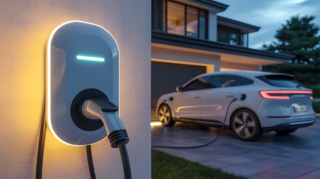 Modern electric car charging at home at dusk