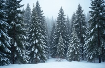 Naklejka premium Snowy forest scene. Fir trees covered in snow stand tall in winter. Misty atmospheric view. Cold weather landscape. Perfect for winter holidays Christmas themed projects.