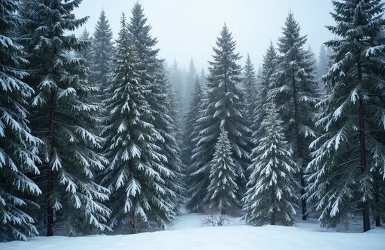 Snowy forest scene. Fir trees covered in snow stand tall in winter. Misty atmospheric view. Cold weather landscape. Perfect for winter holidays Christmas themed projects. - Powered by Adobe