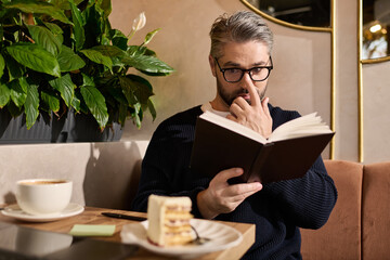 Charming man enjoying a relaxing moment with a book and pastry in a stylish cafe