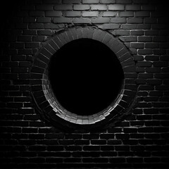 A mysteriously dark hole in a solid black brick wall, promising secrets within - alluring clandestine blackness