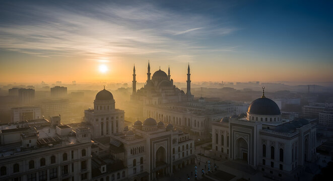 A stunning aerial view of a majestic mosque emerging from a city blanketed by fog at golden sunrise. - Powered by Adobe
