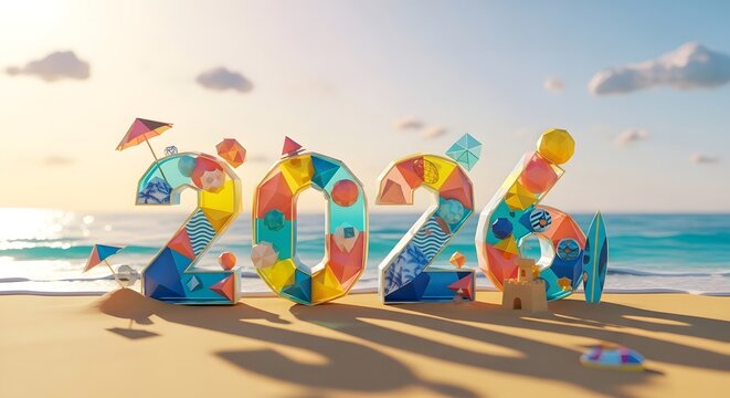 A dynamic 3D rendering of the year '2026' featuring a travel theme, designed to inspire fun New Year travel plans and adventures, with large copy space