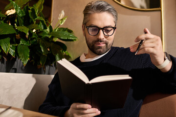 Handsome mature man enjoying quiet time with book in modern cafe setting