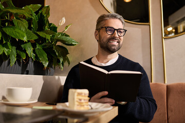 Mature man enjoying dessert while reading in a cozy cafe setting
