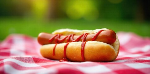 Classic picnic hot dog with condiments on a checkered blanket in a park A single, perfectly grilled hot dog in a soft bun, artfully drizzled with vibrant red ketchup and bright yellow mustard. The hot