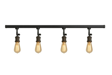 Industrial track lighting with four vintage edison bulbs illuminating a modern interior with retro style, transparent background