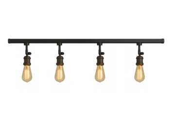 Industrial track lighting with four vintage edison bulbs illuminating a modern interior with retro style, transparent background