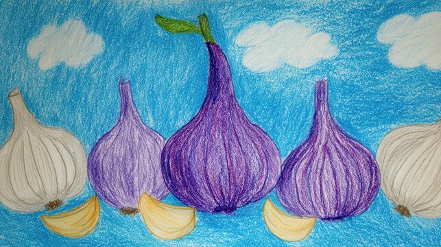Children 's educational drawing of pears and garlic slices.