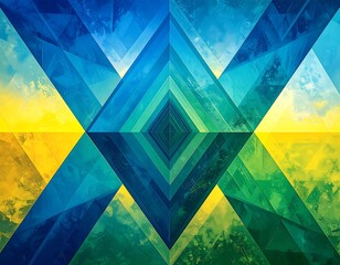 Geometric abstract composition with triangular shapes, blending blue, yellow, and green colors