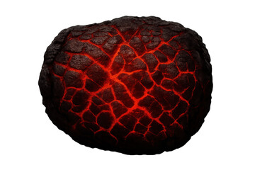 Lava rock sphere with glowing red cracks symbolizing strong heat and natural earth power. Transparent background
