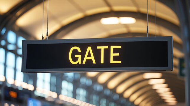 Illuminated gate sign in a modern airport terminal or train station - Powered by Adobe