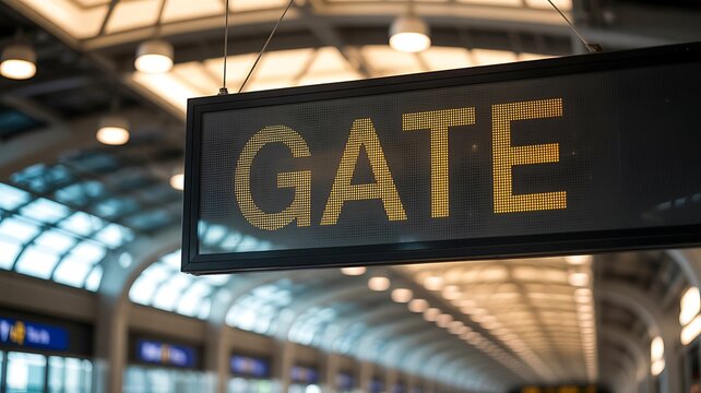 Digital sign displaying the word gate in a modern airport terminal