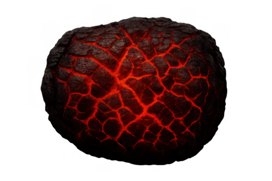 Lava rock sphere with glowing red cracks symbolizing strong heat and natural earth power. Transparent background