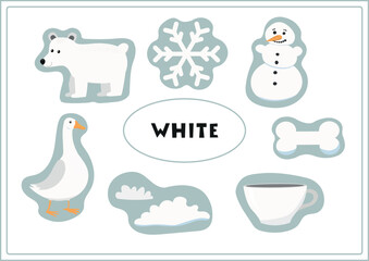 Learn the white color. Education set of one color objects. Vector flat illustration for posters, worksheets and activities for kids.