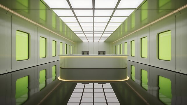 Modern futuristic corridor with glowing green windows and reception desk