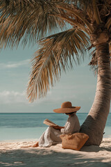Woman in sunhat reading a book under palm tree