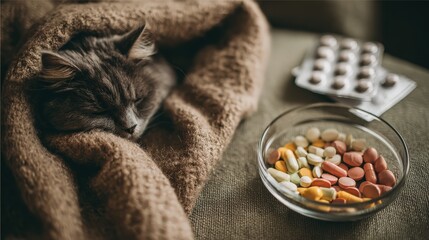 Domestic feline rests comfortably while various medicinal tablets are displayed nearby