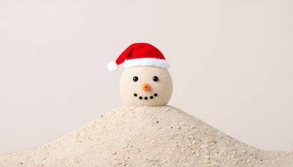 A smiling sandy snowman wearing a red Santa hat on a beach, a creative concept for a tropical Christmas holiday celebration