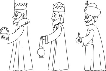 Vector illustration of three wise men (three kings). Coloring page for kids for Christmas.